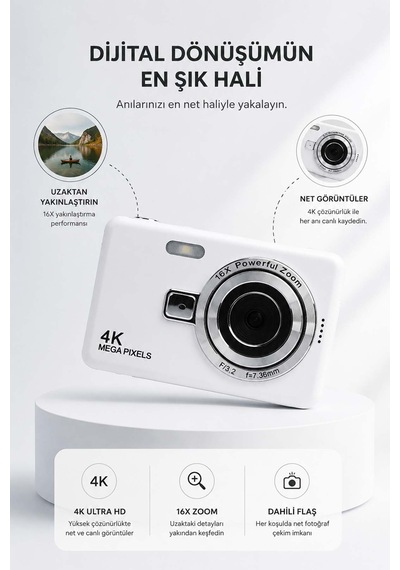 Taşınabilir Kompakt Kamera - 16x Dijital Zoom & Dahili Flaş Beyaz