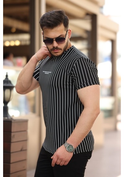 Erkek Dikey Çizgili Ottoman Kumaş Kısa Kollu T-shirt Siyah - Beyaz
