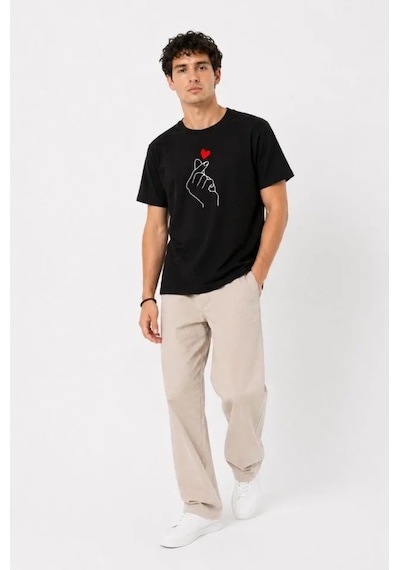 Valensdesign Erkek Kore Parmak Kalp Aşk Temalı Minimal Baskılı Tişört Yazlık Kısa Kol T-shirt - Siyah