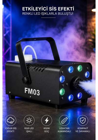 Hepu Fm03 Led Sis Makinası 600w Rgb Led Işıklı Uzaktan Kumandalı Sahne Efekt Cihazı