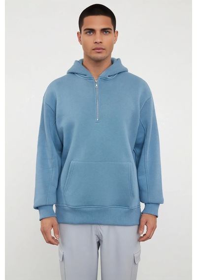 Benerly Erkek Kapüşonlu Fermuarlı Düşük Kol Uzun Kollu Kalıp Sweatshirt F Mavi