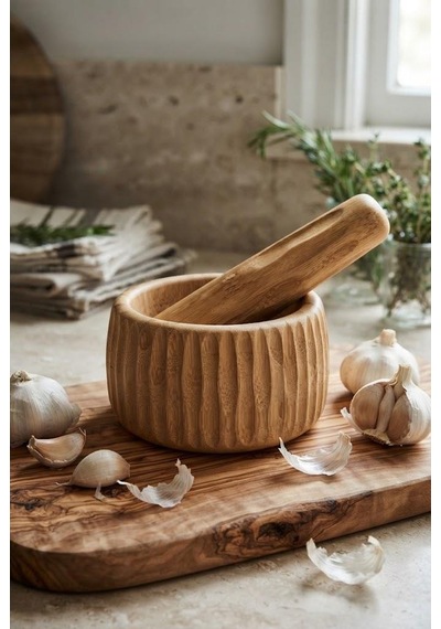 Doğal Bambu Çizgili Havan Ve Tokmak Seti 11x6.5 Cm - Sarımsak Baharat Ezici Ve Öğütücü Ahşap Havan Takımı