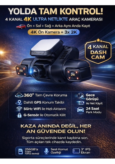 X19 Premium 4 Lens Araç İçi Kamera Wifi Gps 4k Ultra Hd Ön Arka İç Kamera Gece Görüşü Park Modu Dvr