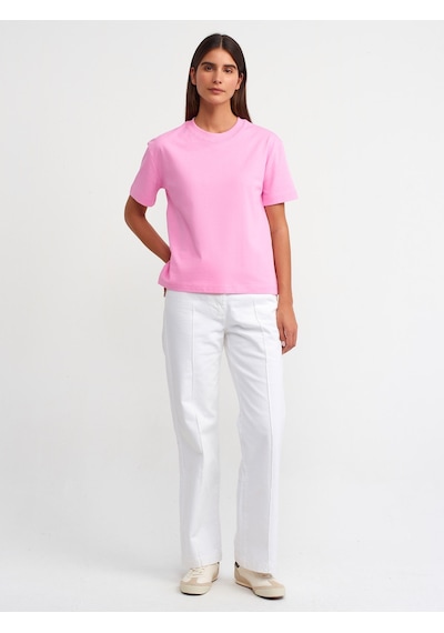 Dilvin Dekoratif Dikişli Bisiklet Yaka Tshirt 101a30312 Pembe