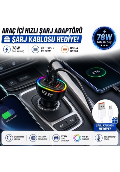 Schitec 3 Portlu Araç Şarj Aleti Ve 6a 120w Usba To Type-c Hızlı Data Ve Şarj Kablosu Beyaz