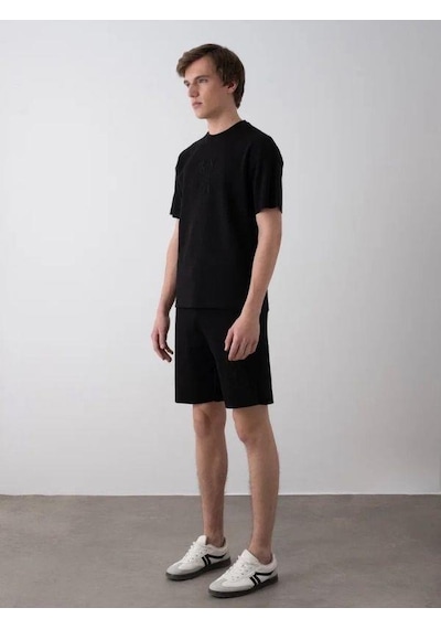 Erkek Çocuk King Yazılı T-shirt Şortlu Takım-15539 Siyah
