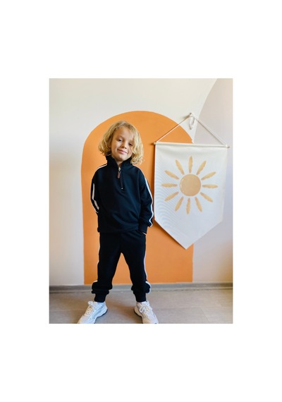 Heyadventure Erkek / Kız Çocuk Dik Yaka Sweatshirtlü Şerit Detaylı Eşofman Takımı Siyah