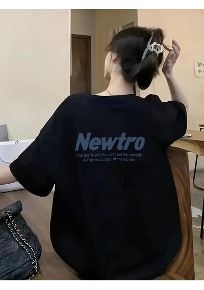 Assema Kadın Newtro Baskılı Oversize Bisiklet Yaka T-shirt - Siyah Çok Renkli
