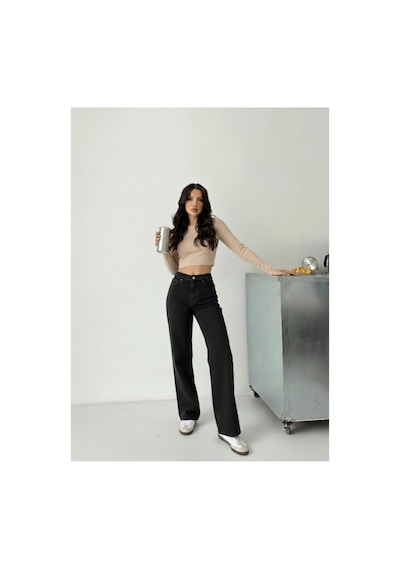 Kene Jeans Kadın Yüksek Bel Siyah Boyfriend Bol Paça Denim Kot Pantolon Siyah