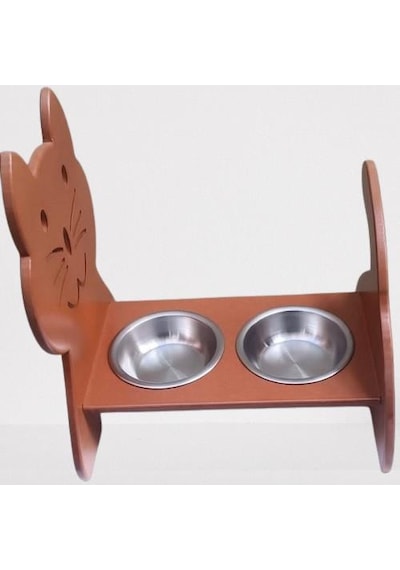 Hobi Erc 90373 Model Kedi Mama Ve Su Kabı Seti Mdf Ceviz Renk Paslanmaz Tabak