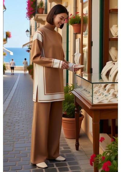 Benerly Kadın Büyük Beden Oversize Triko Tunik Pantolon Takımı Renk Blokl Camel