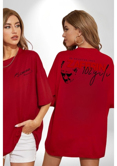 30 Ağustos Zafer Bayramı Atatürk İmzası Kırmızı Oversize Unisex Ön Ve Sırt Baskılı Tişört Kırmızı