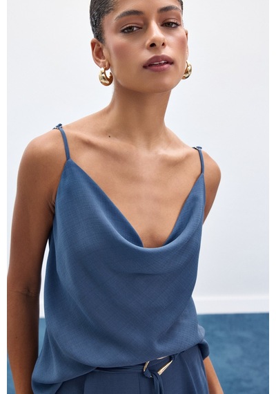 Sateen Degaje Yaka Dökümlü Bluz - İndigo-136690 İndigo