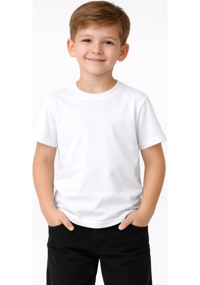Parti Selesi Unisexs Çocuk Düz Kısa Kollu T-shirt Beyaz
