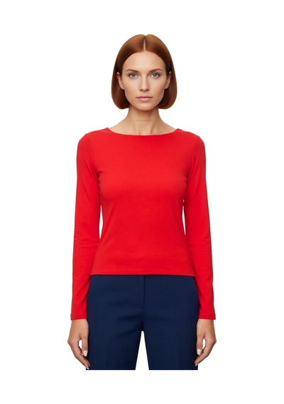 Frm Kadın Moda Şık Üst Giyim Crop Kayık Yaka Slim Kalıp Örme Pamuklu Kırmızı