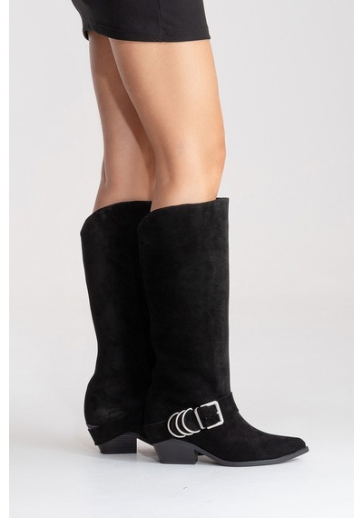 Luvishoes Helıos Siyah Süet Hakiki Deri Tokalı Kadın Western Çizme Siyah Süet