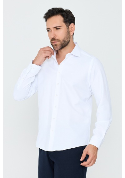 White Stone Beyaz Dokulu Dynamic Fit Erkek Uzun Kollu Gömlek Beyaz-01