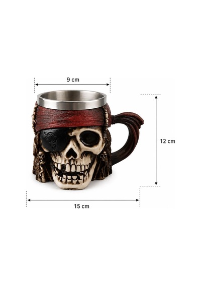 Korsan Kuru Kafa Kupa Bardak 400 Ml Paslanmaz Çelik İç Hazneli Dekoratif Skull Mug Kahve Çay Kupası