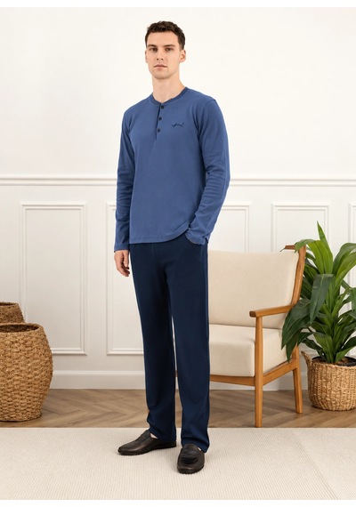 Elitepoint 1930 Erkek Ön Üç Düğmeli Cepli Kışlık Pijama Takım İndigo