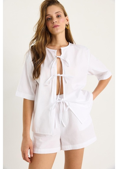 Shade Kadın Masai Bağlamalı Gömlek Beli Lastikli Cep Detaylı Şort Poplin Takım 9371 60281097 - Beyaz