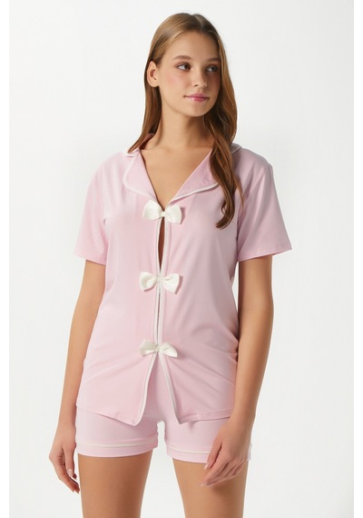 Ritnice Kadın Violet Pembe Şortlu Fiyonklu Alt Üst Pijama Takımı