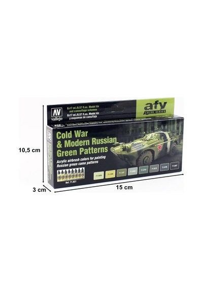 Vallejo 71621 8x18 Ml. Cold War & Modern Russian Green Patterns, Model Air Serisi Model Boyası Seti Renkli