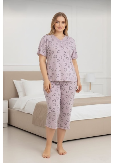 Eyfuze Kadın Büyük Beden Kısa Kollu Kapri Bambu Pijama Takımı Açık Lila