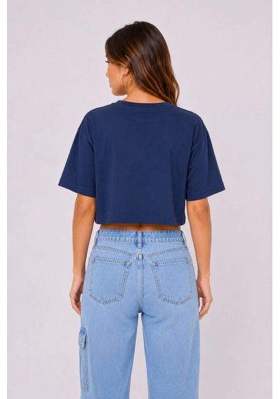 Kadın Kedi Baskılı Oversize Crop Tişört Salaş Basic Yarım Kol T-shirt - Lacivert Çok Renkli Kadın Kedi Baskılı Oversize Crop Tişört Salaş Basic Yarım Kol T-shirt - Lacivert Çok Renkli