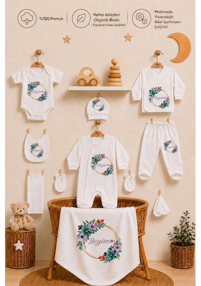 Pia Baby Kız Bebek Hastane Çıkışı 10 Parça %100 Pamuk Kişiye Özel İsimli Organik Baskılı Set 102610yx Ekru