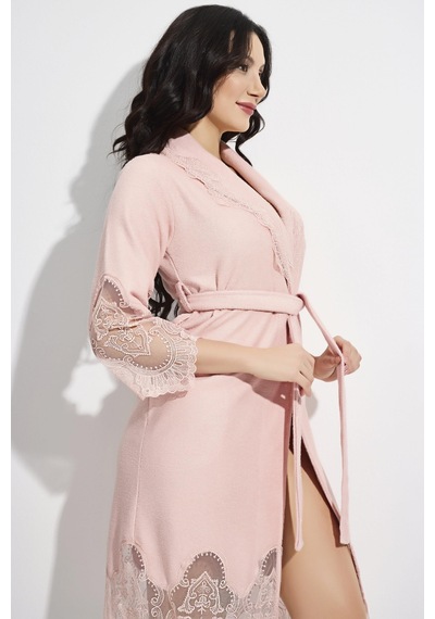 Dantelli Kısa Şalyaka Bukle Bambu Cotton Bayan Bornoz Pudra