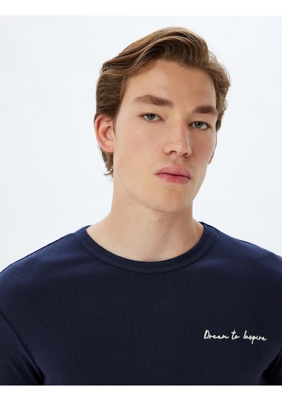 Koton Slim Fit Tişört Slogan Baskılı Bisiklet Yaka Kısa Kollu Pamuklu Lacivert 5wam10192hk Lacivert