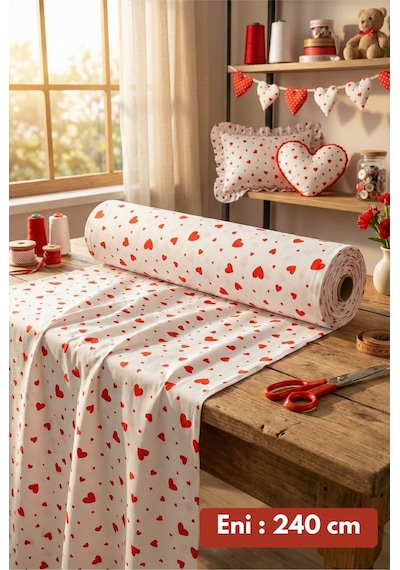 %100 Pamuk Kırmızı Kalpli Poplin Kumaş En: 240 Cm Nevresim, Çarşaf, Yastık Kılıfı, Elbise Ve Çanta