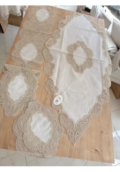 Salon Takımı Bellisima Çeyizlik Kreme Kapi Runner Set 5 Parça Keten Ranır Masa Sehpa Konsol Örtüsü Diğer
