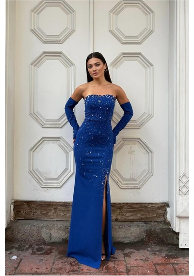 Lior Design Kadın Özgün Tasarım Straplez Taş Detaylı Yırtmaçlı Abiye Elbise Saks