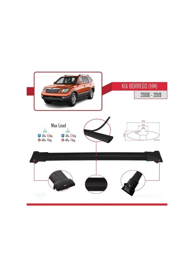 Kia Borrego Hm 2008-2019 Arası İle Uyumlu Fly Model Ara Atkı Tavan Barı Siyah