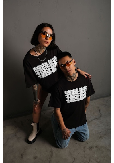 Technomonkey Unisex Siyah Oversize Techno Baskılı Tişört