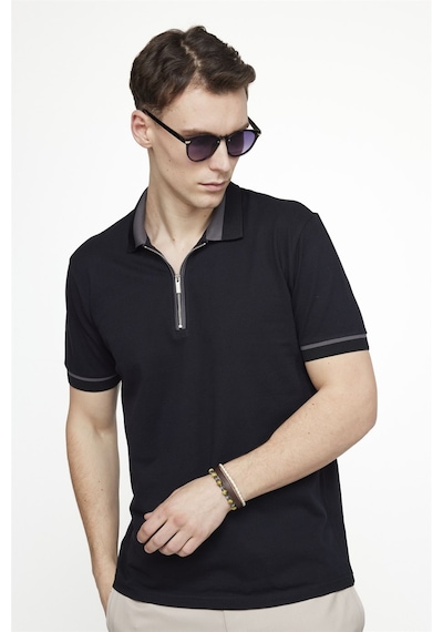 Tudors Erkek Polo Yaka Slim Fit Pamuk Fermuarlı Pike Siyah Tişört 27140 Siyah