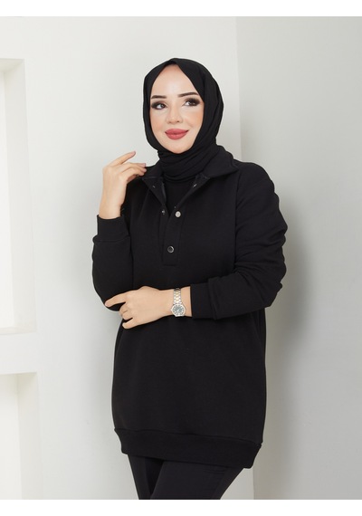 Raika Moda Kapşonlu 3 İplik Büyük Beden Tesettür Sweatshirt Siyah