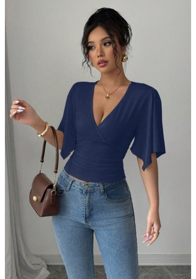 Kadın Kruvaze Yaka Yarasa Kol Likralı Şık T-shirt Lacivert