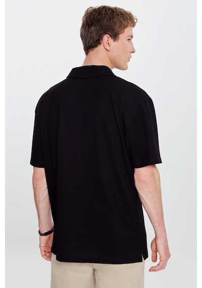 Erkek Sıyah-sıyah Pamuklu Comfort Fit Rahat Kesim Hawai Yaka Armürlü Örme Gömlek Siyah