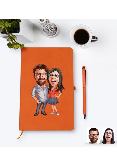 Kişiye Özel Sevgililer Karikatürlü Turuncu Termo Deri Defter Kale N11.2258