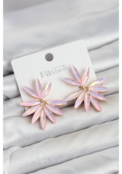 Pembe Renk Kristal Taşlı Lotus Model Kadın Küpe