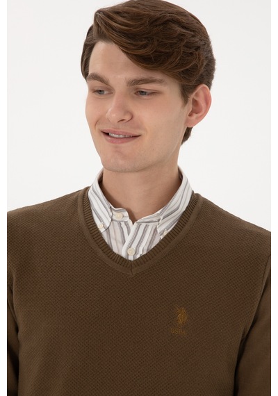 U.S. Polo Assn. Erkek Slim Fit V Yaka Haki Basic Kazak 50288886-VR027