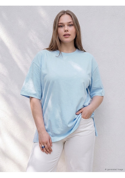 Lcw Curve Mavi Büyük Beden %100 Pamuklu Oversize Kadın Tişört