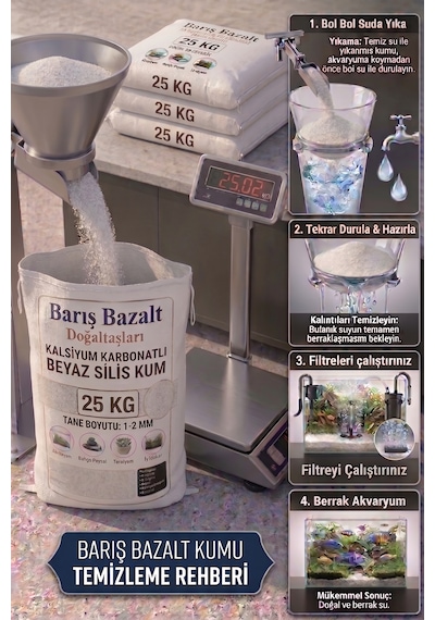 25 Kg 1-2 Mm Beyaz Akvaryum Kumu Kalsiyum Karbonatlı Silis Kumu Dekoratif Akvaryum Taban Kumu