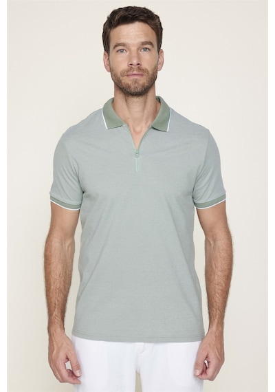 Tudors Erkek Slim Fit Dar Kesim Pamuklu Fermuarlı Mint Polo Yaka Tişört-27590 Mint
