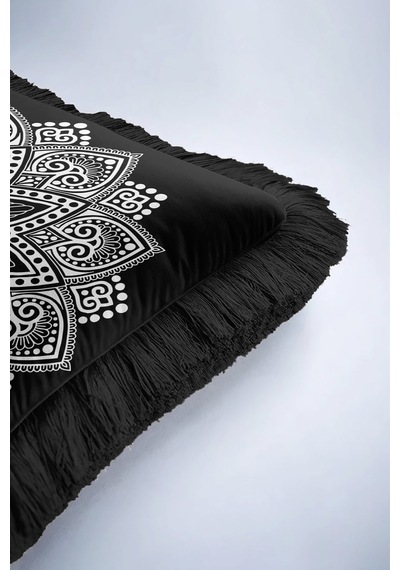 Mandala Motifli Saçaklı Yastık Kılıfı - Etnik Siyah Beyaz Bohem Püsküllü Kırlent Kılıfı Orman Limon Sarısı