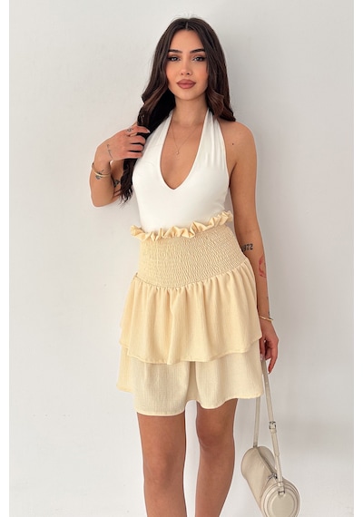 Kadın Katlı Smock Bel Mini Short Etek Summer Layers Bej