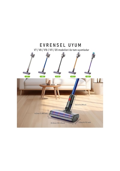 Valkyrie Dyson V7 Uyumlu v8/v10/v11/v15 Uyumlu Led Işıklı Yumuşak Rulo Süpürge Başlığı