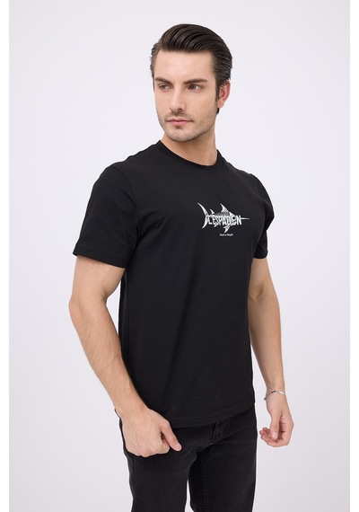Marıne Tee Deniz Temalı Ribana Bisiklet Yaka Pamuk T-shirt-3136 SIYAH